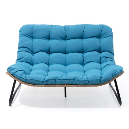 Fauteuil Papasan double avec coussin, en rotin PE résistant aux intempéries et cadre en métal, pour intérieur et extérieur.