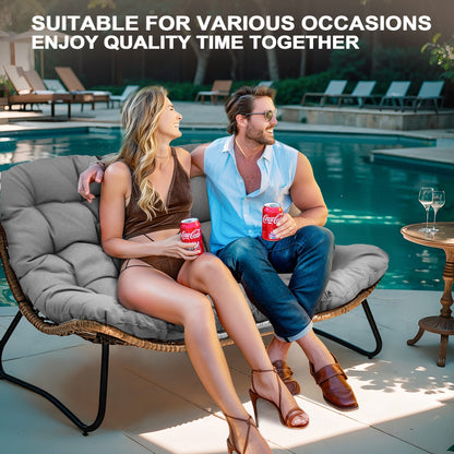 Fauteuil Papasan double avec coussin, en rotin PE résistant aux intempéries et cadre en métal, pour intérieur et extérieur.