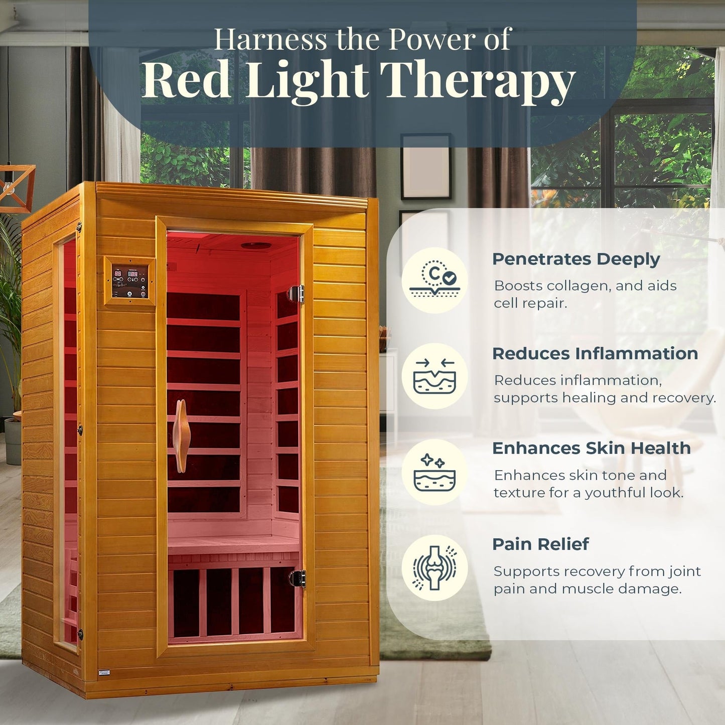 Sauna infrarouge à faible rayonnement électromagnétique (REM) pour 2 personnes, Dynamic Saunas Andora, en bois d'épicéa du Canada.