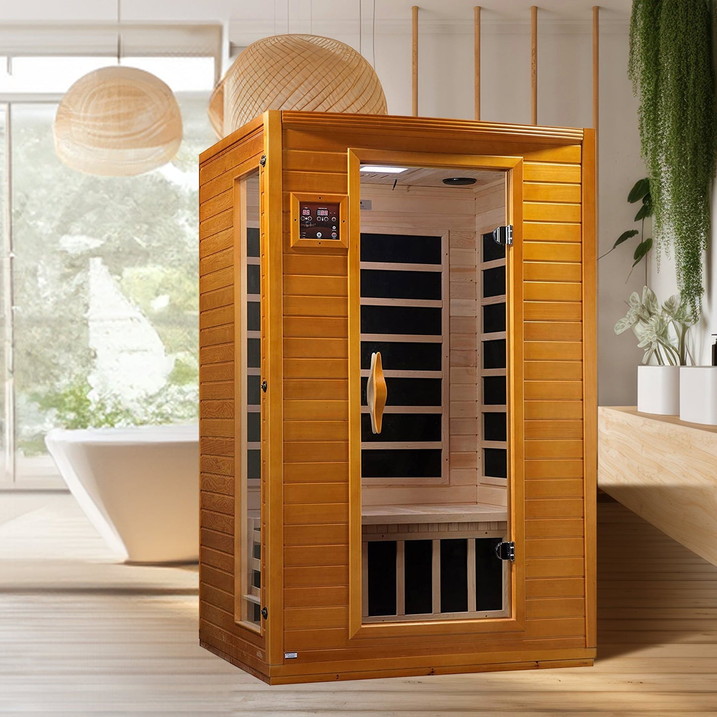 Sauna infrarouge à faible rayonnement électromagnétique (REM) pour 2 personnes, Dynamic Saunas Andora, en bois d'épicéa du Canada.