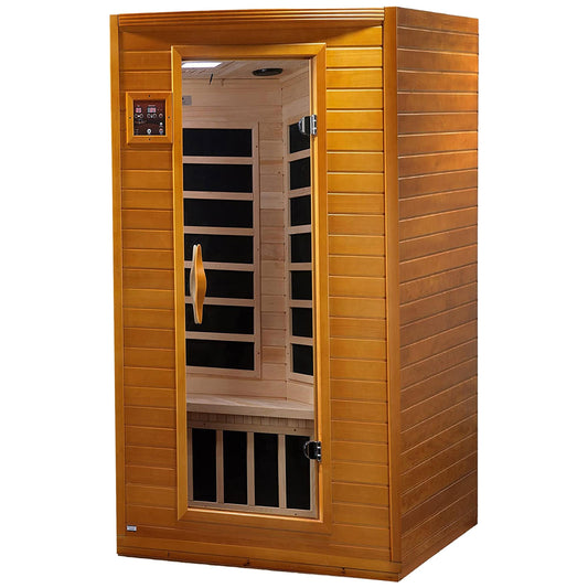 Sauna infrarouge à faible rayonnement électromagnétique (REM) pour 2 personnes, Dynamic Saunas Andora, en bois d'épicéa du Canada.