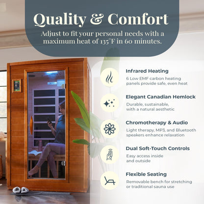 Sauna infrarouge à faible rayonnement électromagnétique (REM) pour 2 personnes, Dynamic Saunas Andora, en bois d'épicéa du Canada.