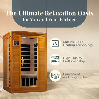 Sauna infrarouge à faible rayonnement électromagnétique (REM) pour 2 personnes, Dynamic Saunas Andora, en bois d'épicéa du Canada.
