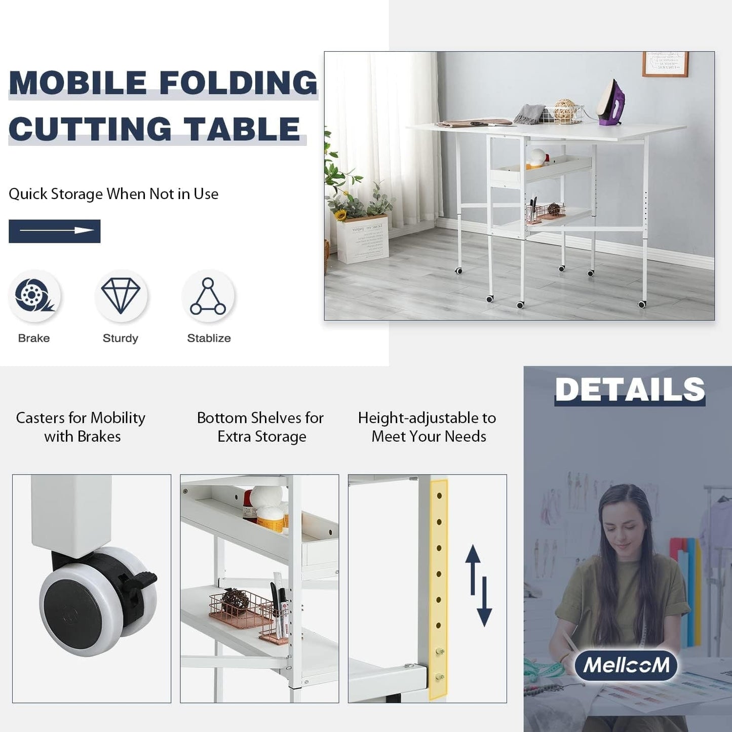 Table d'artisanat à hauteur réglable avec étagères de rangement, table de coupe pliable mobile pour le bureau à domicile, la couture, la salle de loisirs créatives.