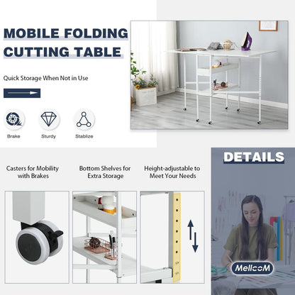 Table d'artisanat à hauteur réglable avec étagères de rangement, table de coupe pliable mobile pour le bureau à domicile, la couture, la salle de loisirs créatives.