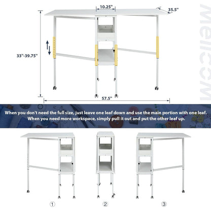 Table d'artisanat à hauteur réglable avec étagères de rangement, table de coupe pliable mobile pour le bureau à domicile, la couture, la salle de loisirs créatives.
