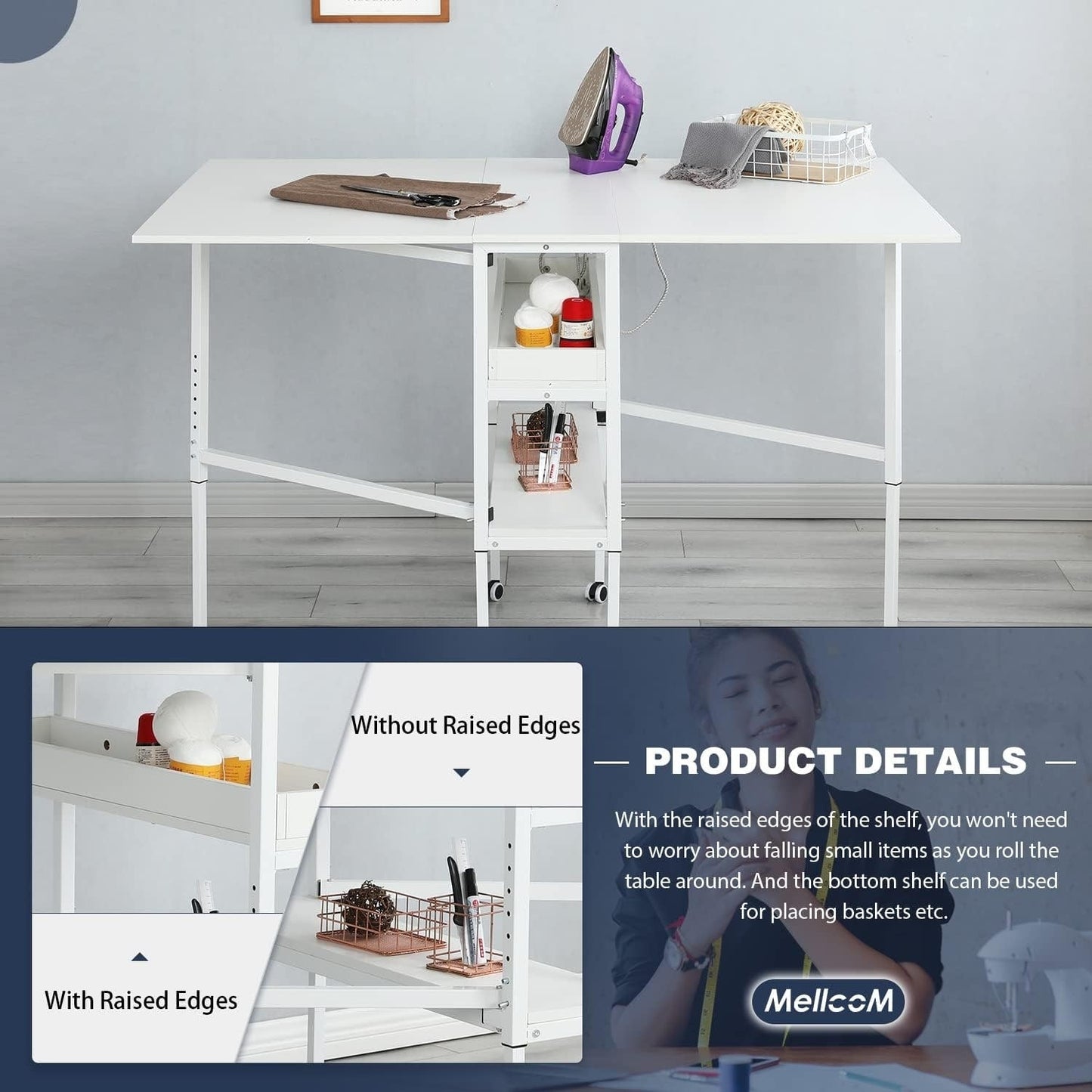 Table d'artisanat à hauteur réglable avec étagères de rangement, table de coupe pliable mobile pour le bureau à domicile, la couture, la salle de loisirs créatives.