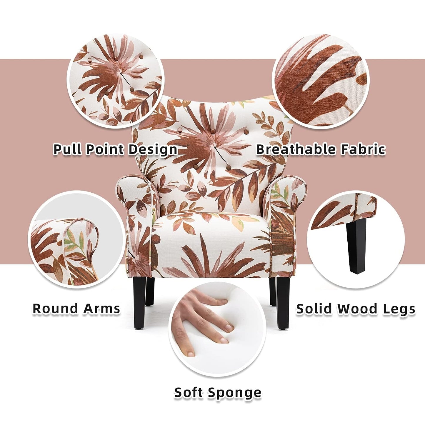 Erommy Fauteuil d'appoint moderne, fauteuil à dossier haut, canapé simple recouvert de tissu avec boutons et pieds en bois pour salon