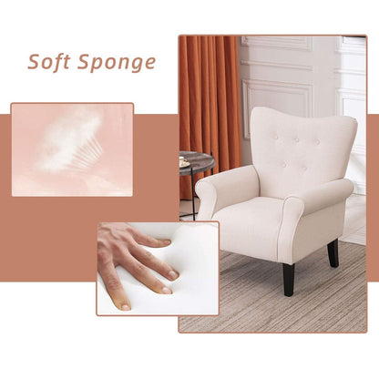 Erommy Fauteuil d'appoint moderne, fauteuil à dossier haut, canapé simple recouvert de tissu avec boutons et pieds en bois pour salon