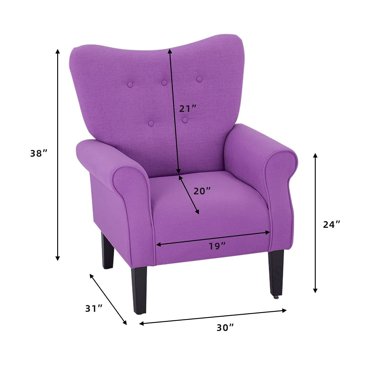 Erommy Fauteuil d'appoint moderne, fauteuil à dossier haut, canapé simple recouvert de tissu avec boutons et pieds en bois pour salon