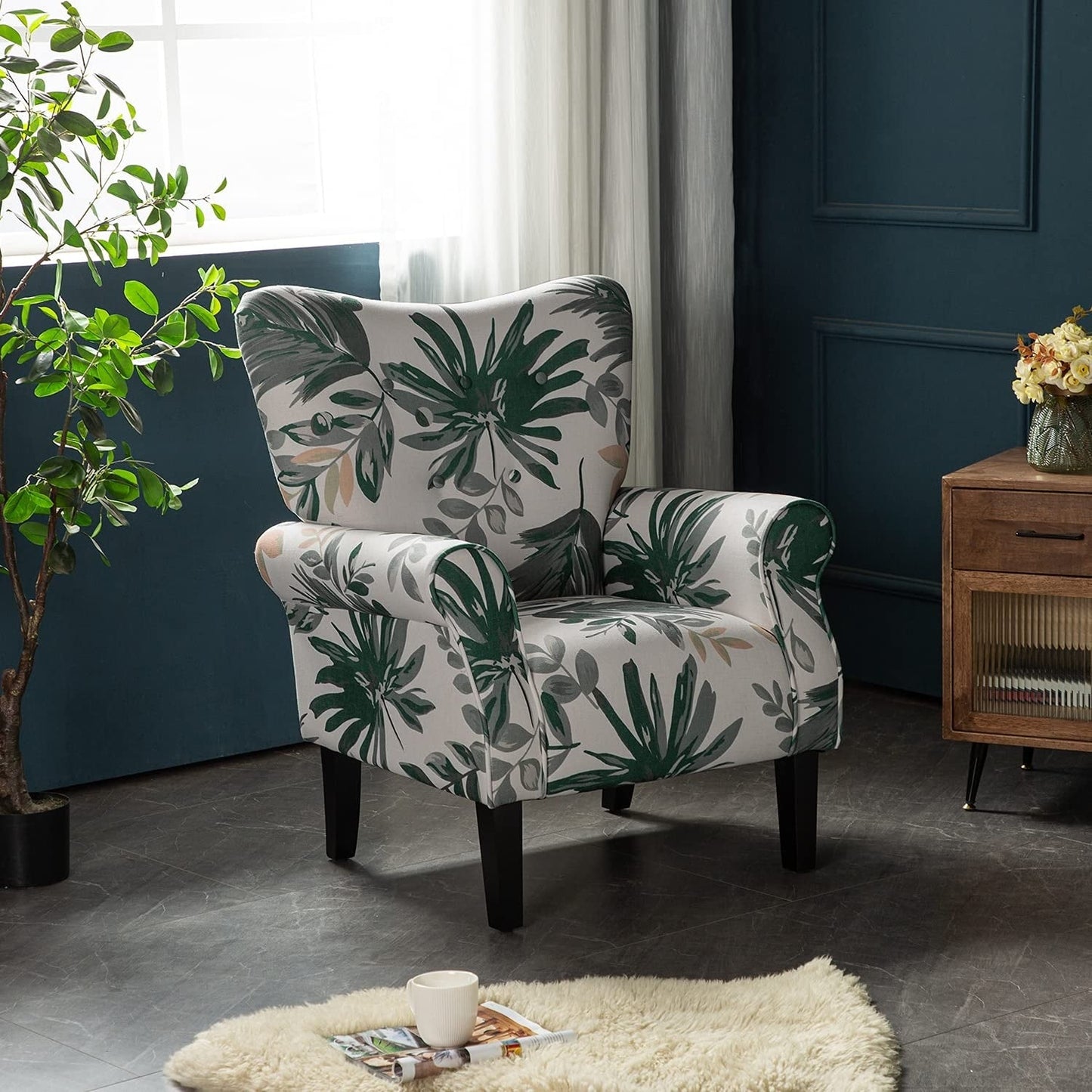 Erommy Fauteuil d'appoint moderne, fauteuil à dossier haut, canapé simple recouvert de tissu avec boutons et pieds en bois pour salon