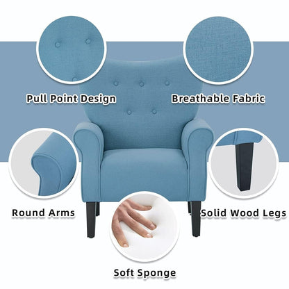 Erommy Fauteuil d'appoint moderne, fauteuil à dossier haut, canapé simple recouvert de tissu avec boutons et pieds en bois pour salon