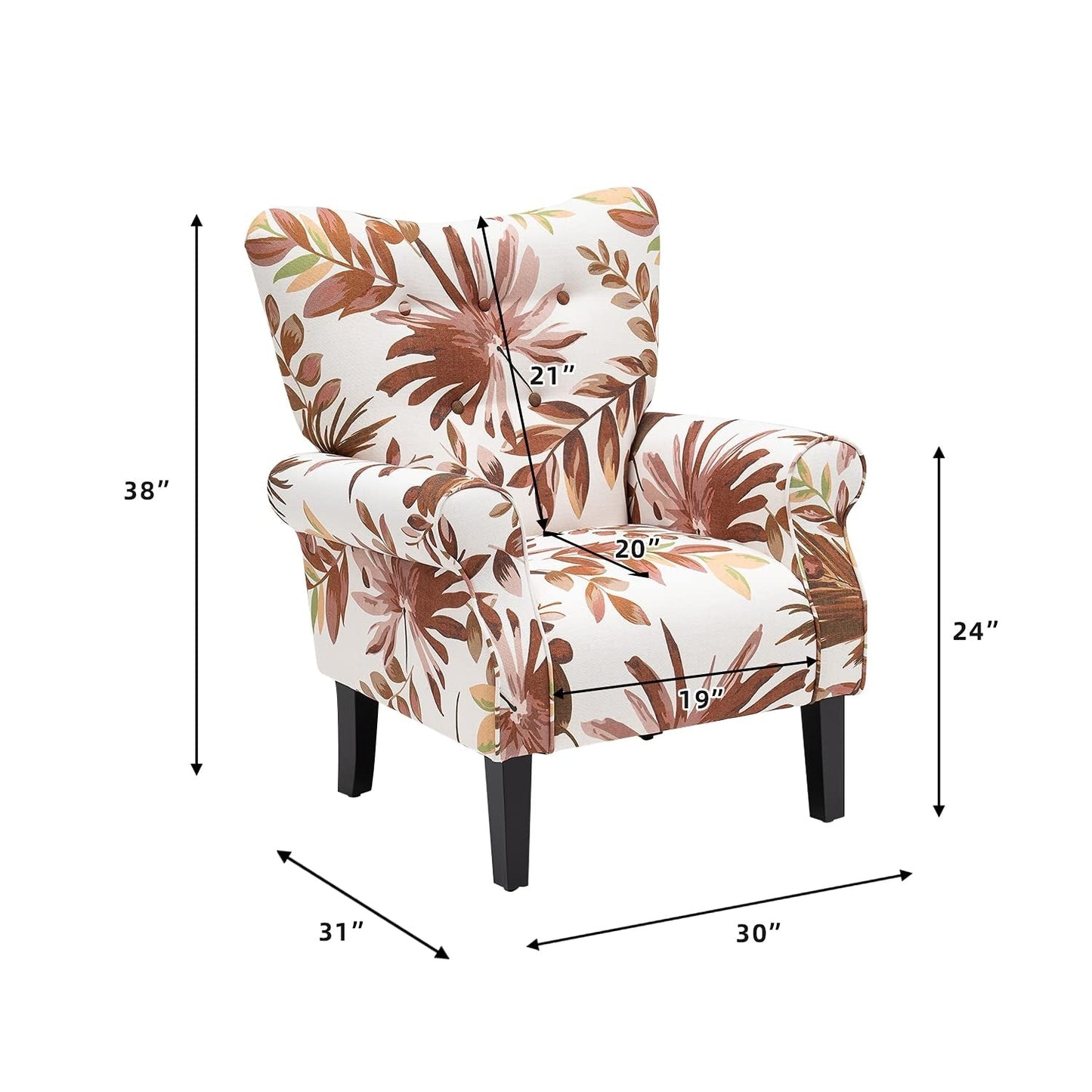 Erommy Fauteuil d'appoint moderne, fauteuil à dossier haut, canapé simple recouvert de tissu avec boutons et pieds en bois pour salon