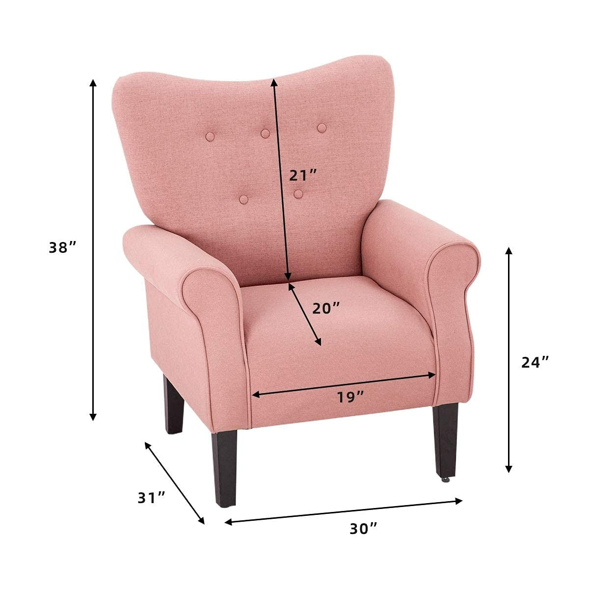 Erommy Fauteuil d'appoint moderne, fauteuil à dossier haut, canapé simple recouvert de tissu avec boutons et pieds en bois pour salon