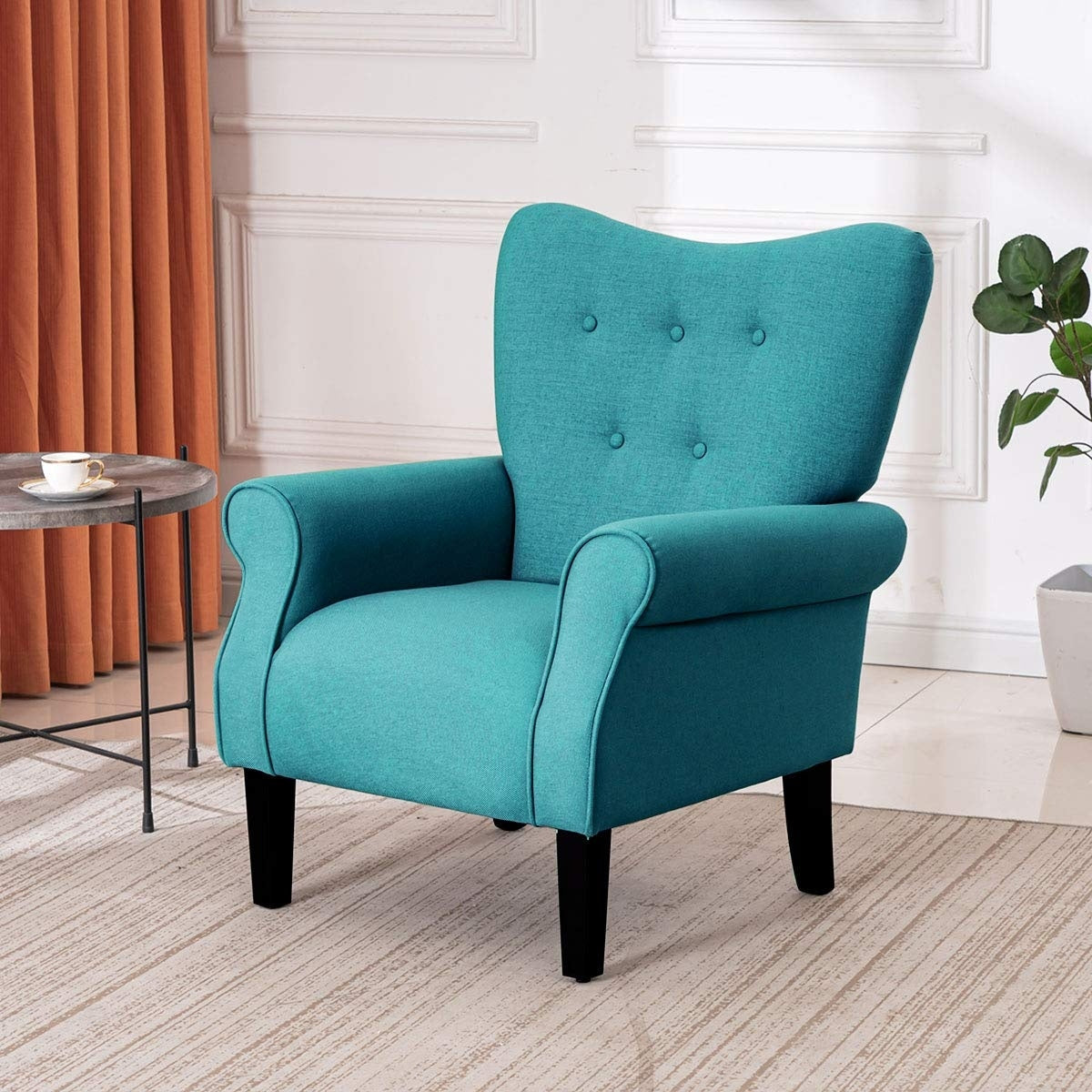 Erommy Fauteuil d'appoint moderne, fauteuil à dossier haut, canapé simple recouvert de tissu avec boutons et pieds en bois pour salon