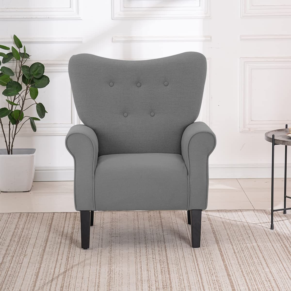 Erommy Fauteuil d'appoint moderne, fauteuil à dossier haut, canapé simple recouvert de tissu avec boutons et pieds en bois pour salon