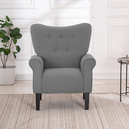 Erommy Fauteuil d'appoint moderne, fauteuil à dossier haut, canapé simple recouvert de tissu avec boutons et pieds en bois pour salon