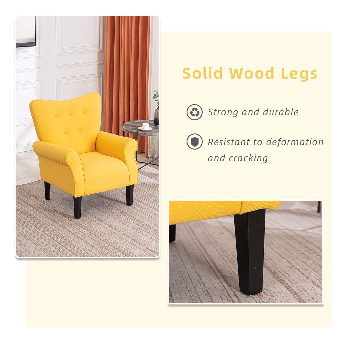 Erommy Fauteuil d'appoint moderne, fauteuil à dossier haut, canapé simple recouvert de tissu avec boutons et pieds en bois pour salon