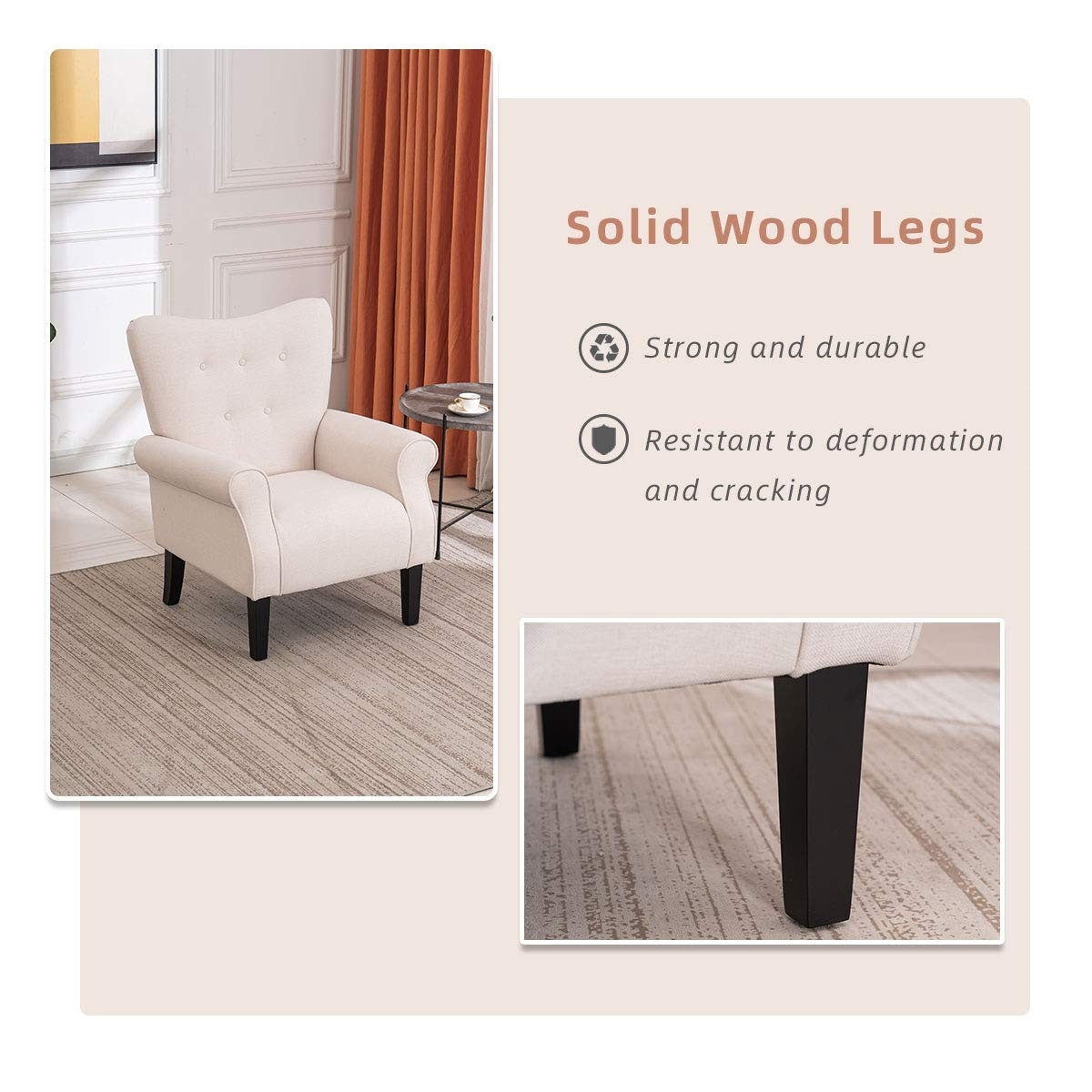 Erommy Fauteuil d'appoint moderne, fauteuil à dossier haut, canapé simple recouvert de tissu avec boutons et pieds en bois pour salon
