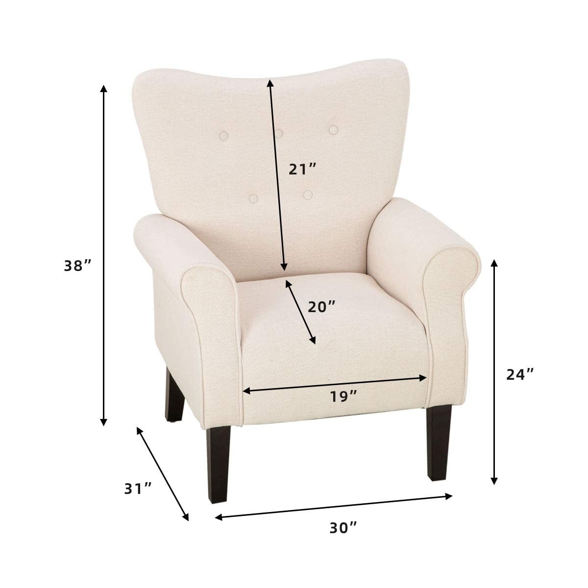 Erommy Fauteuil d'appoint moderne, fauteuil à dossier haut, canapé simple recouvert de tissu avec boutons et pieds en bois pour salon