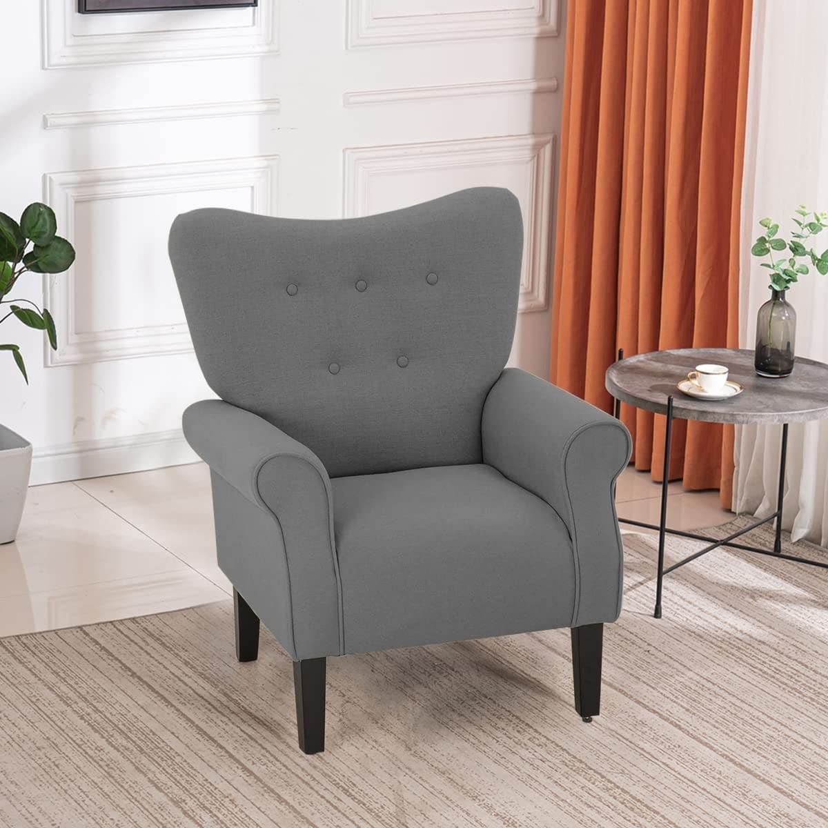 Erommy Fauteuil d'appoint moderne, fauteuil à dossier haut, canapé simple recouvert de tissu avec boutons et pieds en bois pour salon