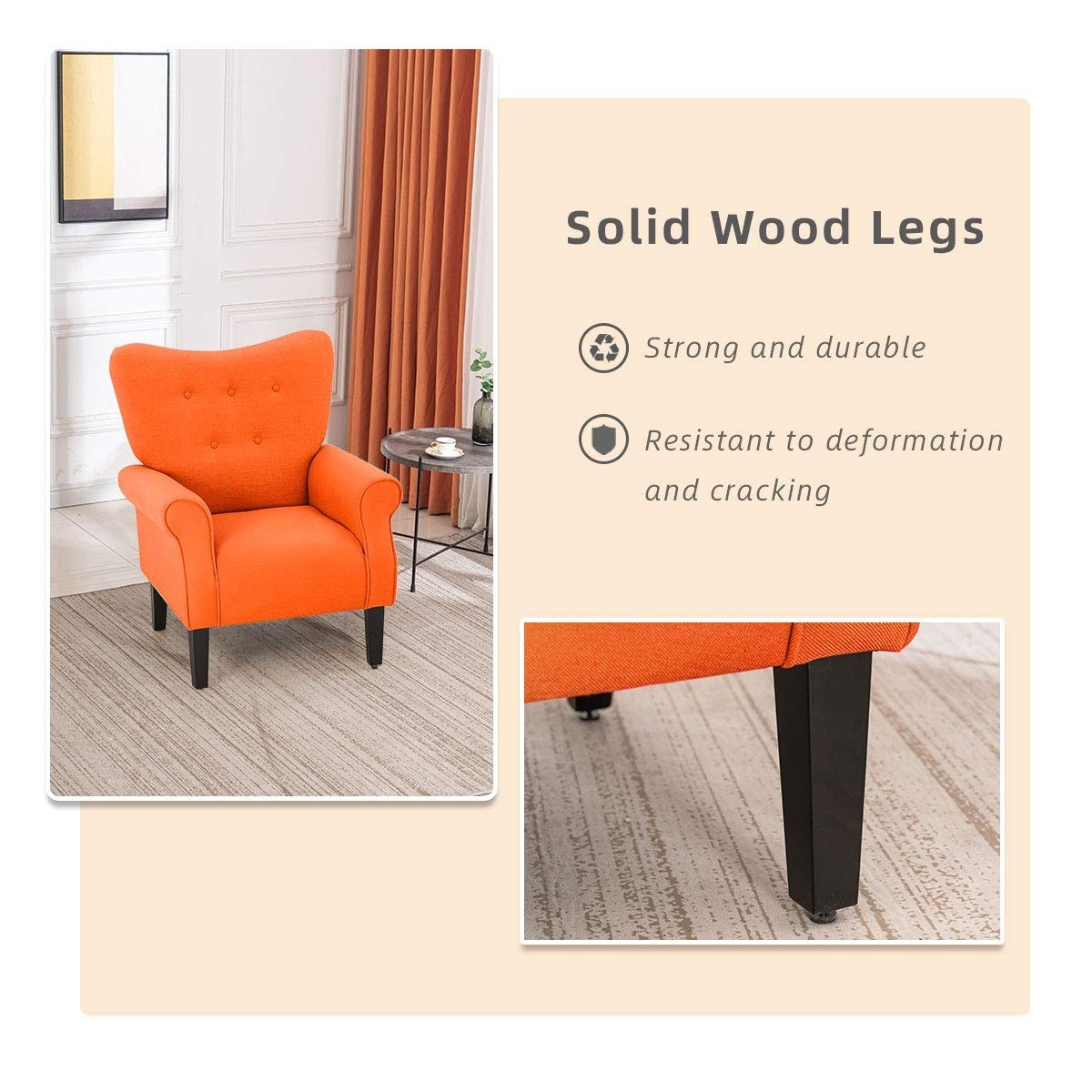 Erommy Fauteuil d'appoint moderne, fauteuil à dossier haut, canapé simple recouvert de tissu avec boutons et pieds en bois pour salon
