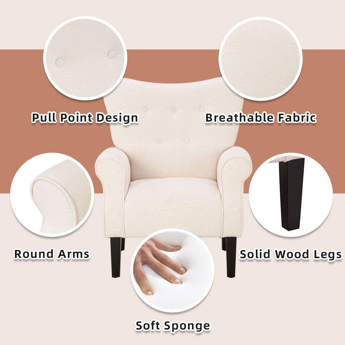 Erommy Fauteuil d'appoint moderne, fauteuil à dossier haut, canapé simple recouvert de tissu avec boutons et pieds en bois pour salon