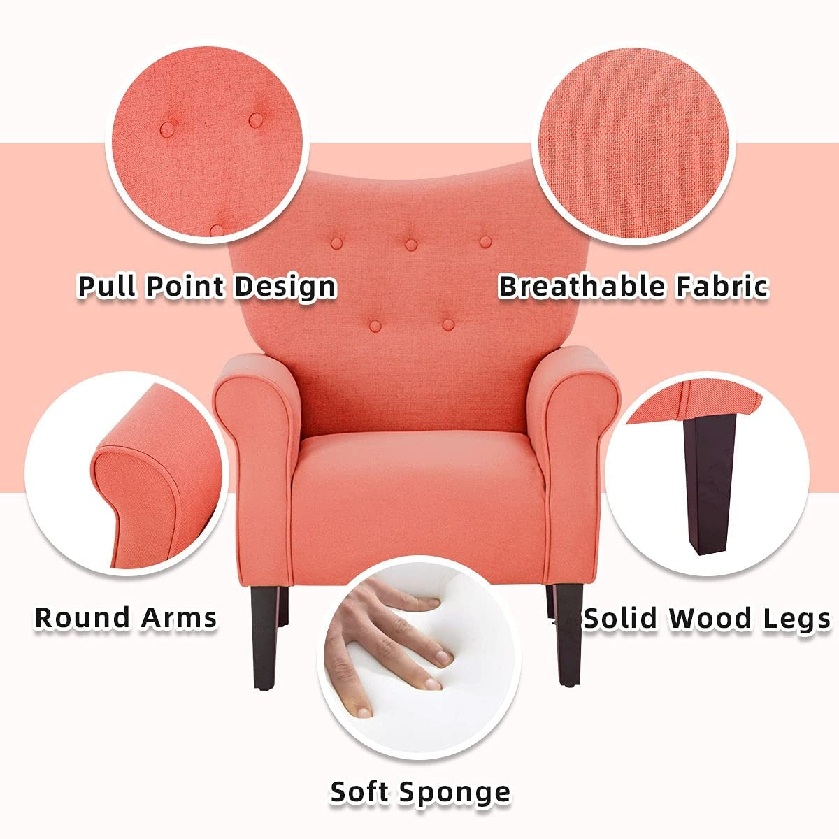 Erommy Fauteuil d'appoint moderne, fauteuil à dossier haut, canapé simple recouvert de tissu avec boutons et pieds en bois pour salon