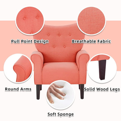 Erommy Fauteuil d'appoint moderne, fauteuil à dossier haut, canapé simple recouvert de tissu avec boutons et pieds en bois pour salon