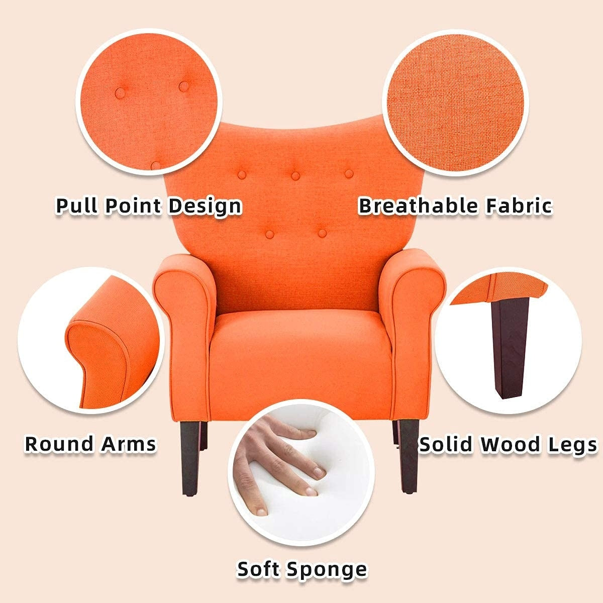 Erommy Fauteuil d'appoint moderne, fauteuil à dossier haut, canapé simple recouvert de tissu avec boutons et pieds en bois pour salon