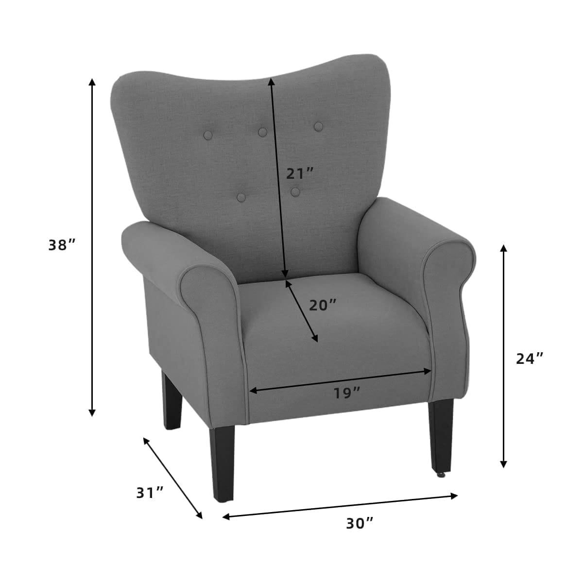 Erommy Fauteuil d'appoint moderne, fauteuil à dossier haut, canapé simple recouvert de tissu avec boutons et pieds en bois pour salon