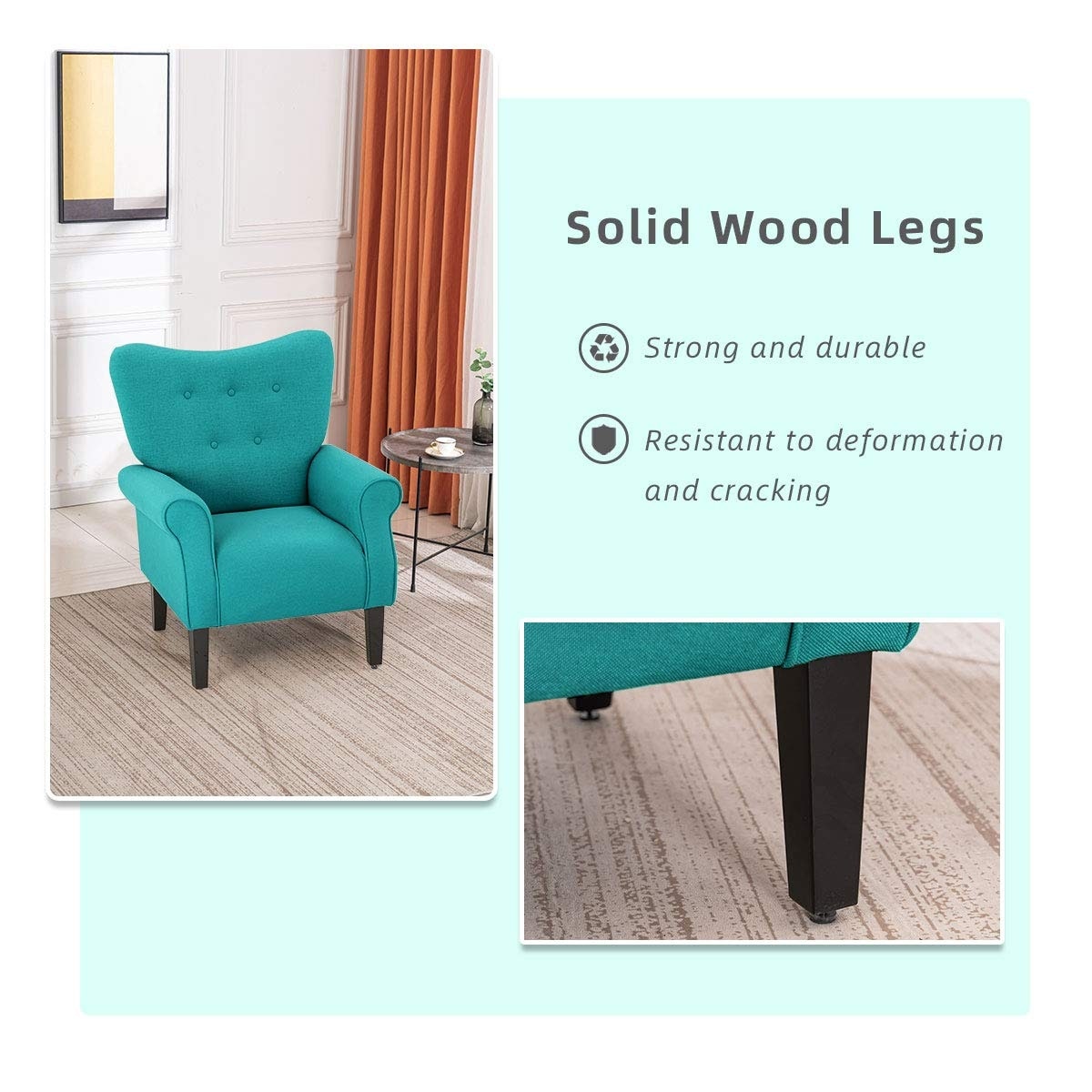 Erommy Fauteuil d'appoint moderne, fauteuil à dossier haut, canapé simple recouvert de tissu avec boutons et pieds en bois pour salon