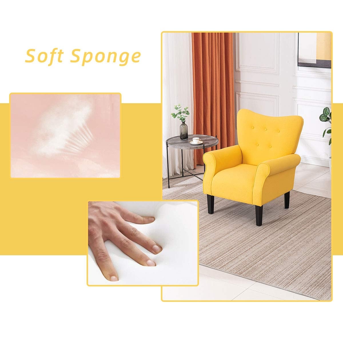 Erommy Fauteuil d'appoint moderne, fauteuil à dossier haut, canapé simple recouvert de tissu avec boutons et pieds en bois pour salon