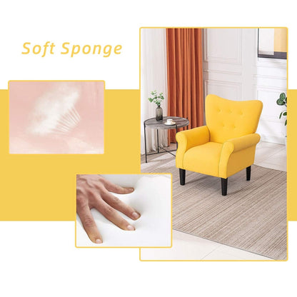 Erommy Fauteuil d'appoint moderne, fauteuil à dossier haut, canapé simple recouvert de tissu avec boutons et pieds en bois pour salon