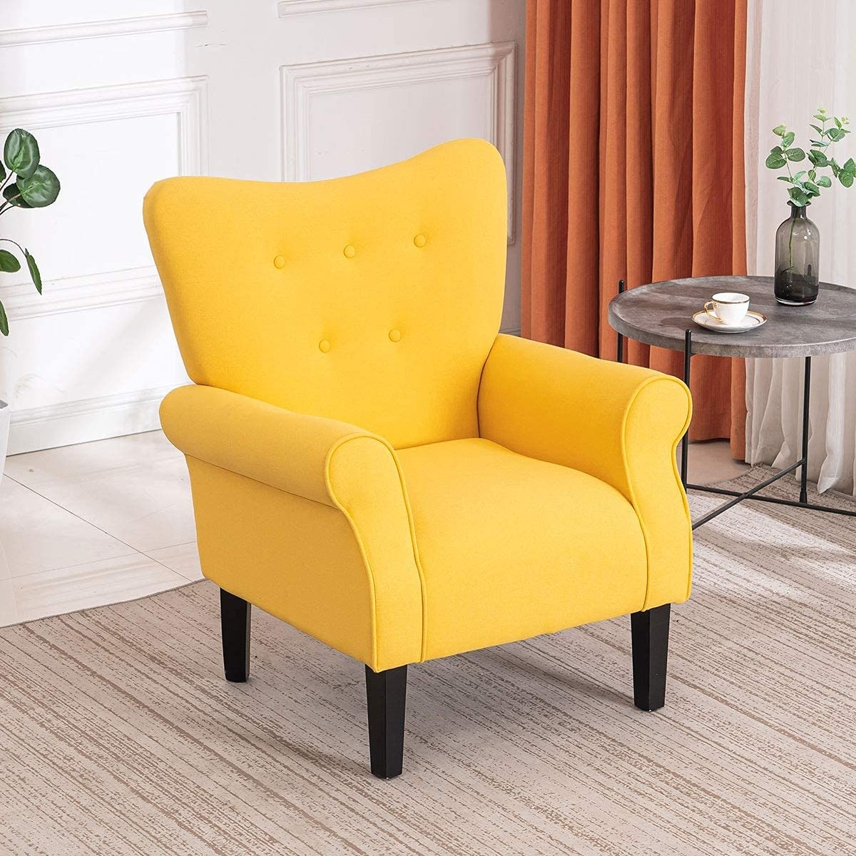 Erommy Fauteuil d'appoint moderne, fauteuil à dossier haut, canapé simple recouvert de tissu avec boutons et pieds en bois pour salon