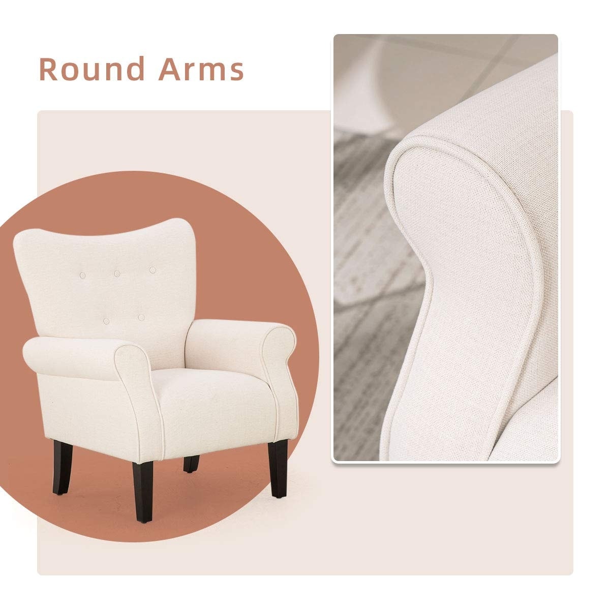 Erommy Fauteuil d'appoint moderne, fauteuil à dossier haut, canapé simple recouvert de tissu avec boutons et pieds en bois pour salon