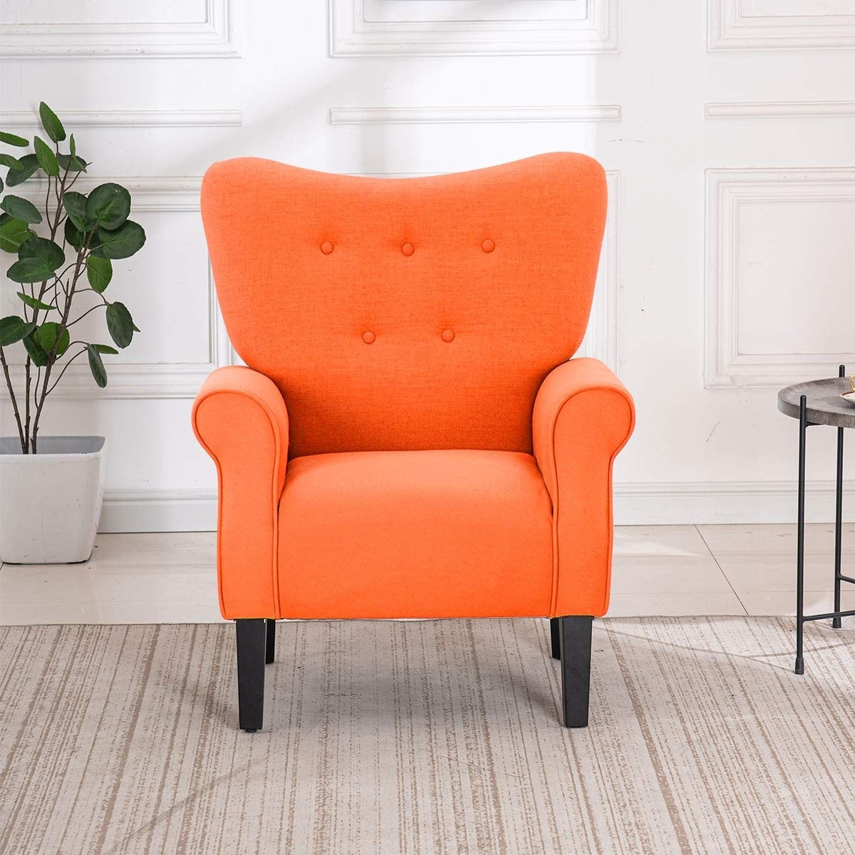 Erommy Fauteuil d'appoint moderne, fauteuil à dossier haut, canapé simple recouvert de tissu avec boutons et pieds en bois pour salon