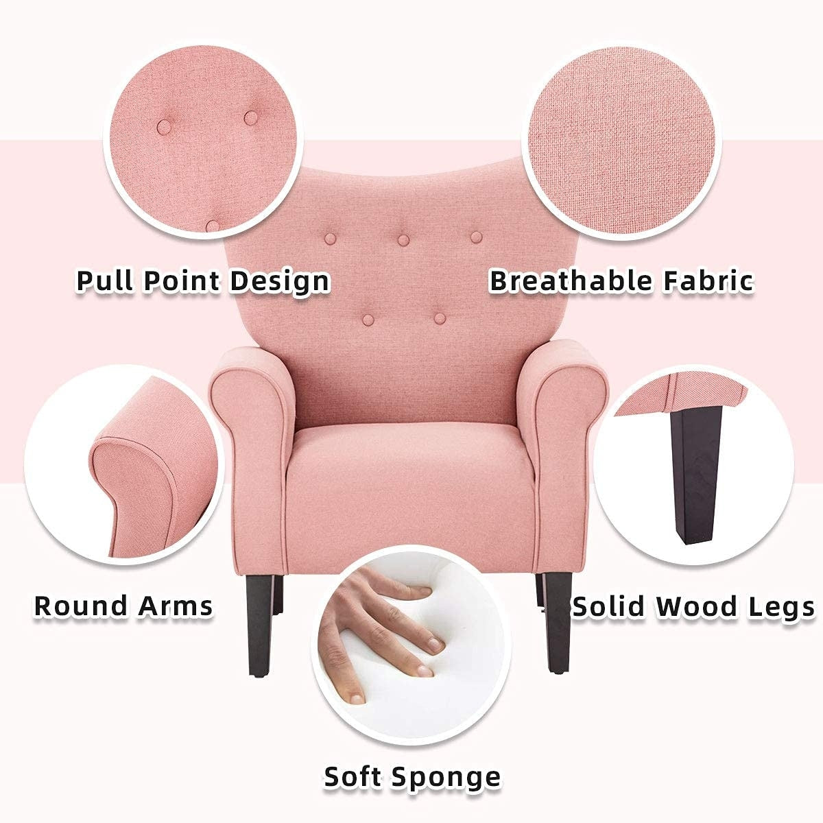 Erommy Fauteuil d'appoint moderne, fauteuil à dossier haut, canapé simple recouvert de tissu avec boutons et pieds en bois pour salon