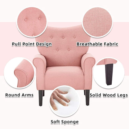 Erommy Fauteuil d'appoint moderne, fauteuil à dossier haut, canapé simple recouvert de tissu avec boutons et pieds en bois pour salon