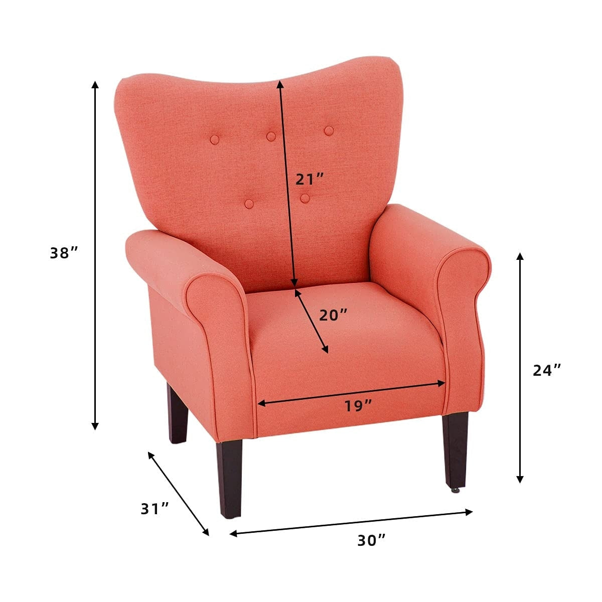 Erommy Fauteuil d'appoint moderne, fauteuil à dossier haut, canapé simple recouvert de tissu avec boutons et pieds en bois pour salon