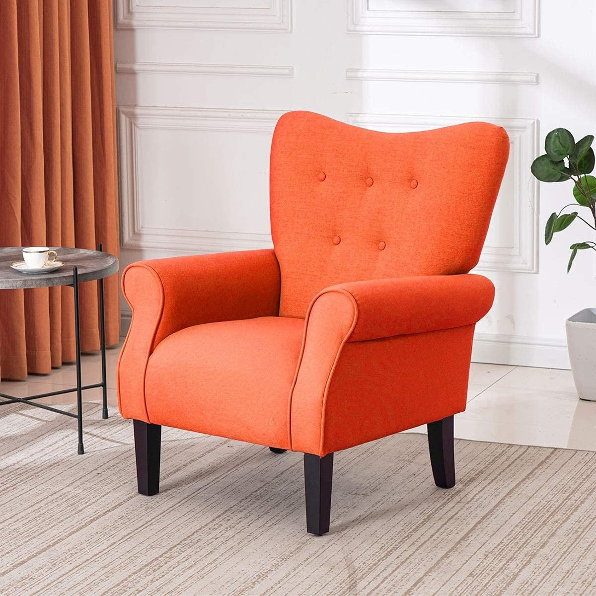 Erommy Fauteuil d'appoint moderne, fauteuil à dossier haut, canapé simple recouvert de tissu avec boutons et pieds en bois pour salon