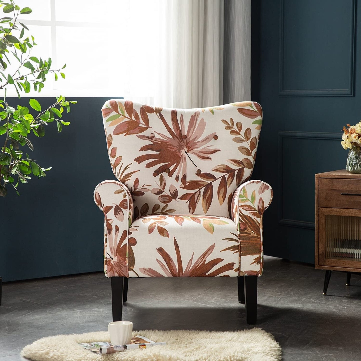 Erommy Fauteuil d'appoint moderne, fauteuil à dossier haut, canapé simple recouvert de tissu avec boutons et pieds en bois pour salon