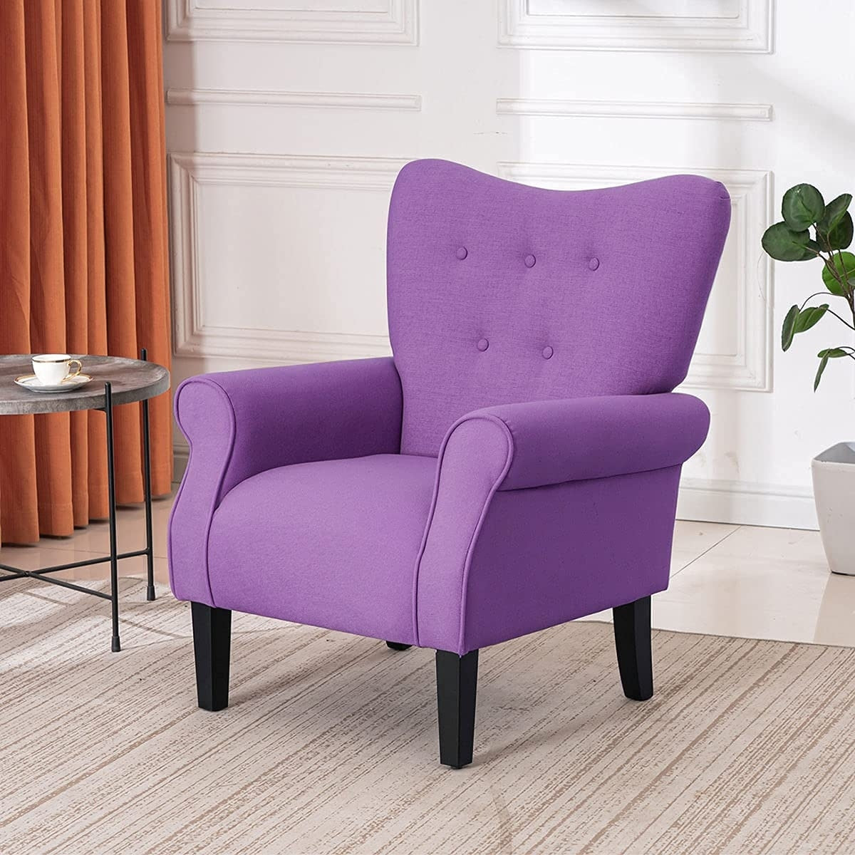 Erommy Fauteuil d'appoint moderne, fauteuil à dossier haut, canapé simple recouvert de tissu avec boutons et pieds en bois pour salon