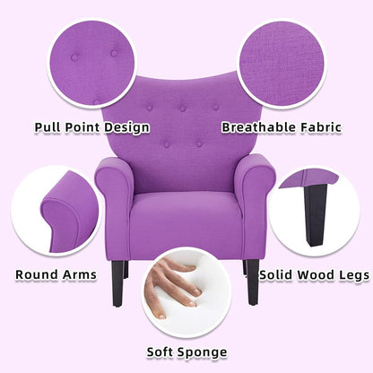 Erommy Fauteuil d'appoint moderne, fauteuil à dossier haut, canapé simple recouvert de tissu avec boutons et pieds en bois pour salon