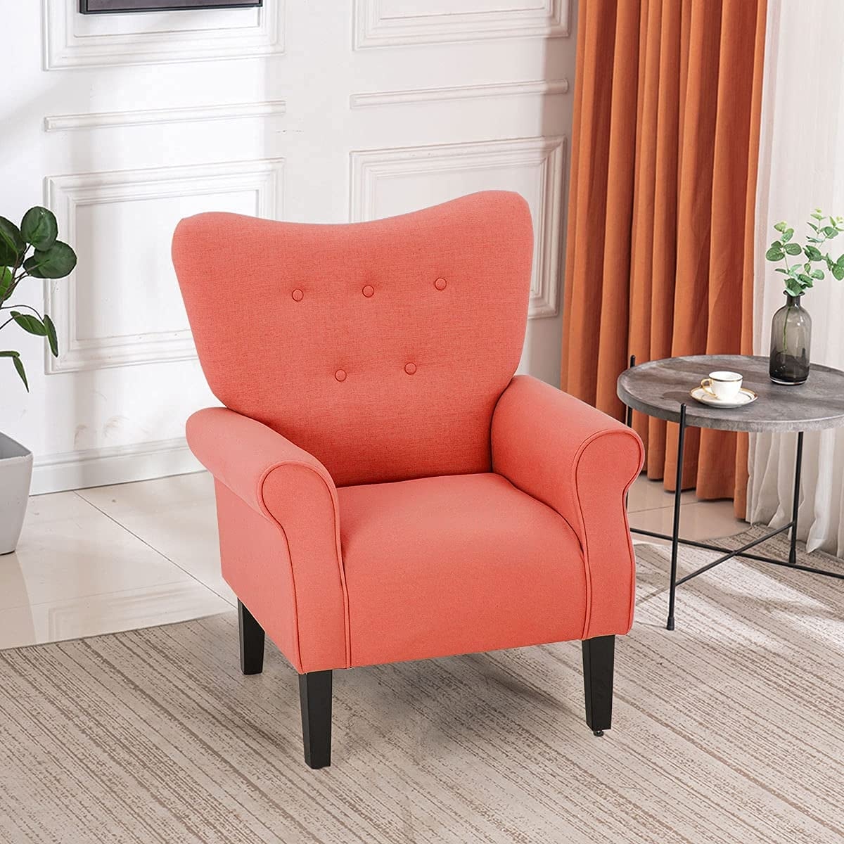 Erommy Fauteuil d'appoint moderne, fauteuil à dossier haut, canapé simple recouvert de tissu avec boutons et pieds en bois pour salon