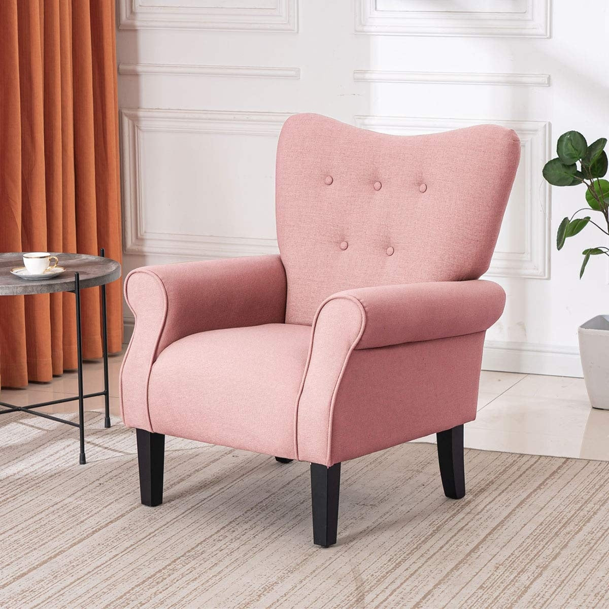 Erommy Fauteuil d'appoint moderne, fauteuil à dossier haut, canapé simple recouvert de tissu avec boutons et pieds en bois pour salon