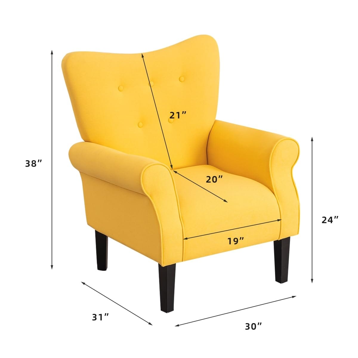 Erommy Fauteuil d'appoint moderne, fauteuil à dossier haut, canapé simple recouvert de tissu avec boutons et pieds en bois pour salon