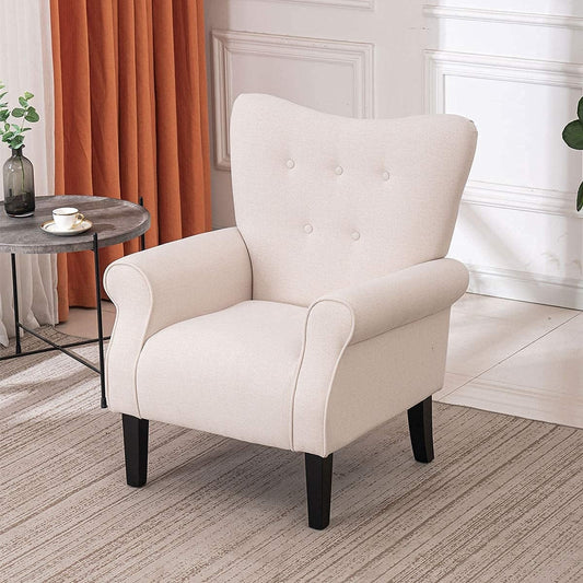 Erommy Fauteuil d'appoint moderne, fauteuil à dossier haut, canapé simple recouvert de tissu avec boutons et pieds en bois pour salon