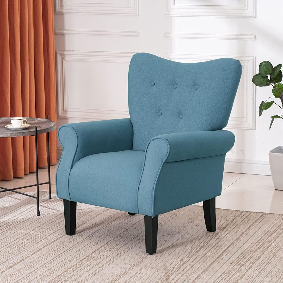 Erommy Fauteuil d'appoint moderne, fauteuil à dossier haut, canapé simple recouvert de tissu avec boutons et pieds en bois pour salon