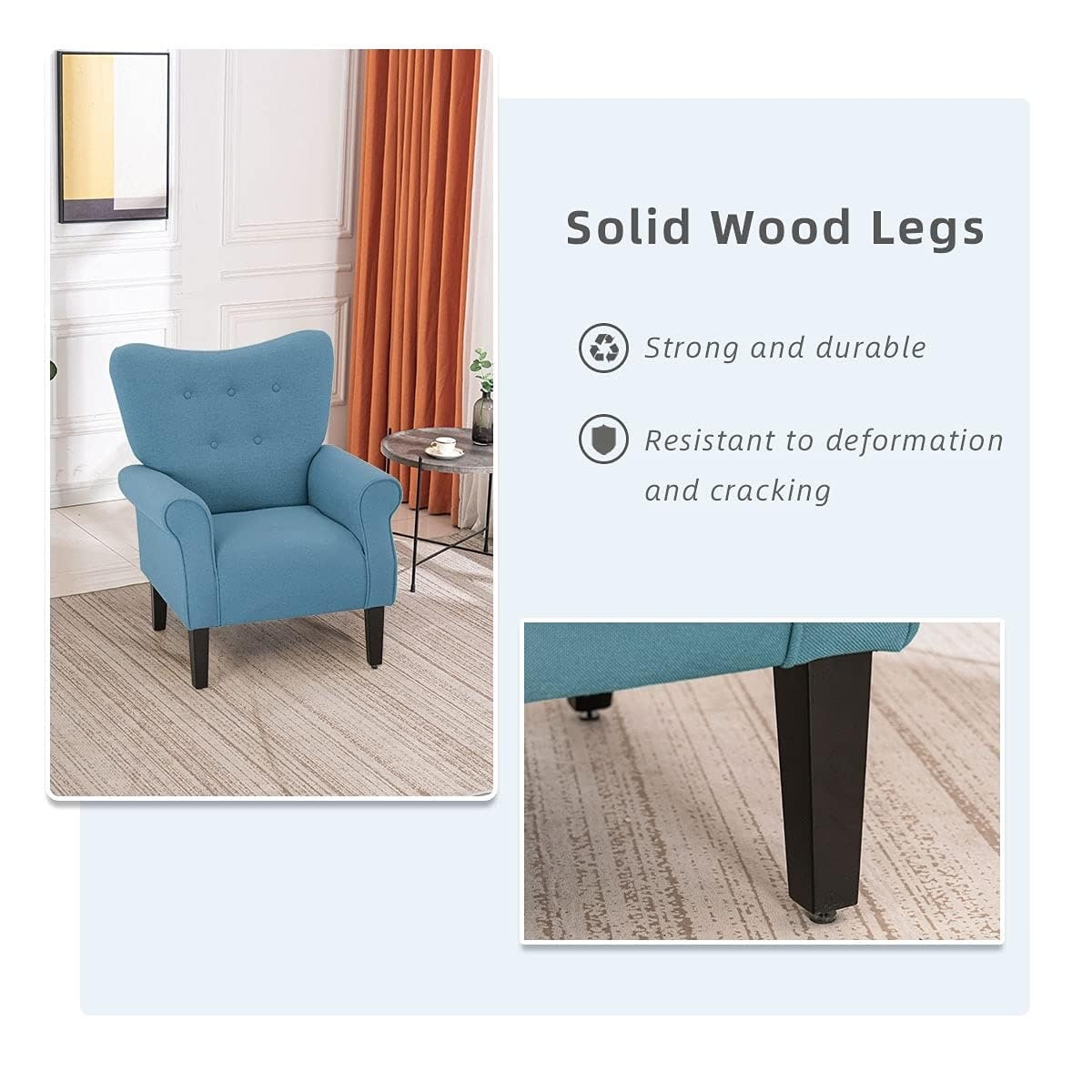 Erommy Fauteuil d'appoint moderne, fauteuil à dossier haut, canapé simple recouvert de tissu avec boutons et pieds en bois pour salon